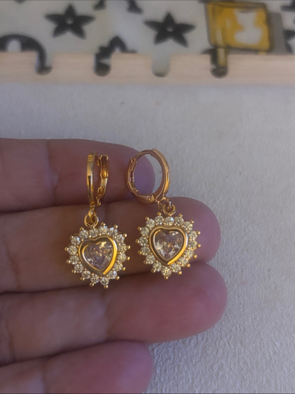 Gold-Tone Heart Drop Earrings with Pink Center Stones